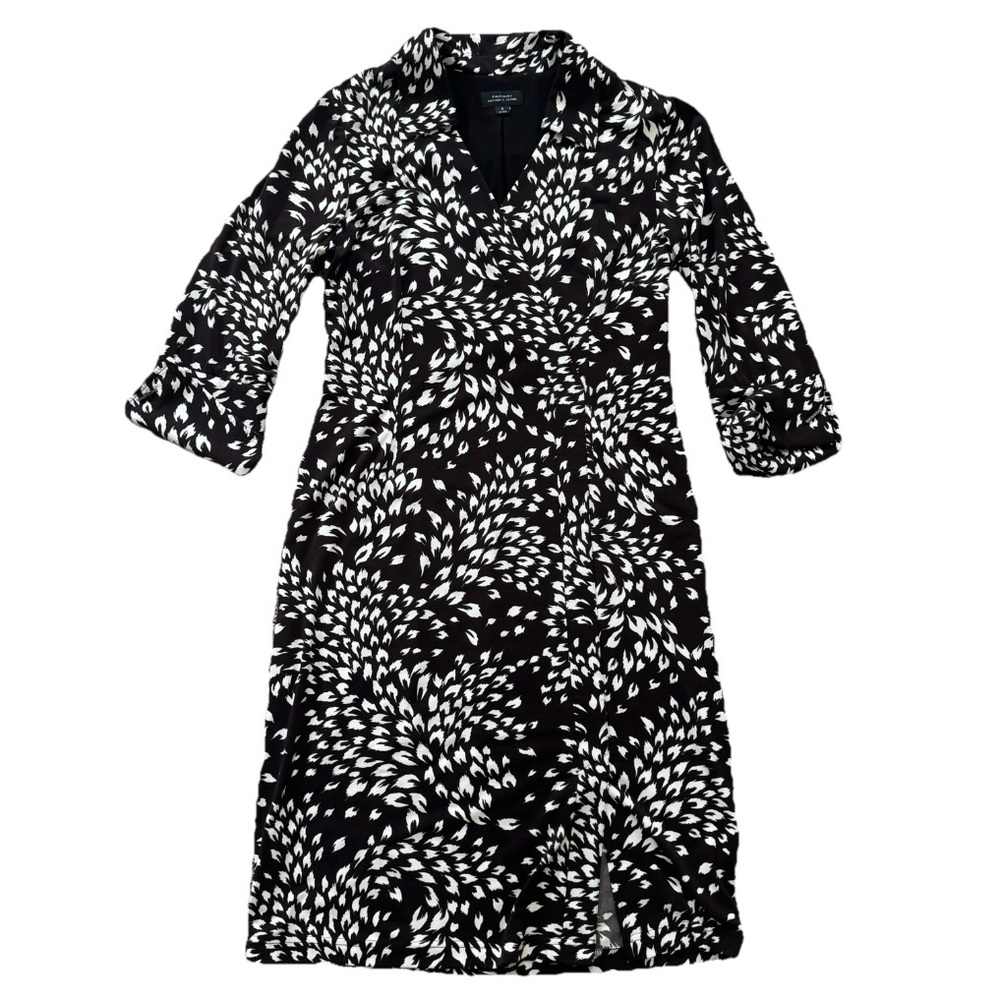 Tahari ASL Faux Wrap Dress Abstract Print Brown Ivory V Neck 8 Office